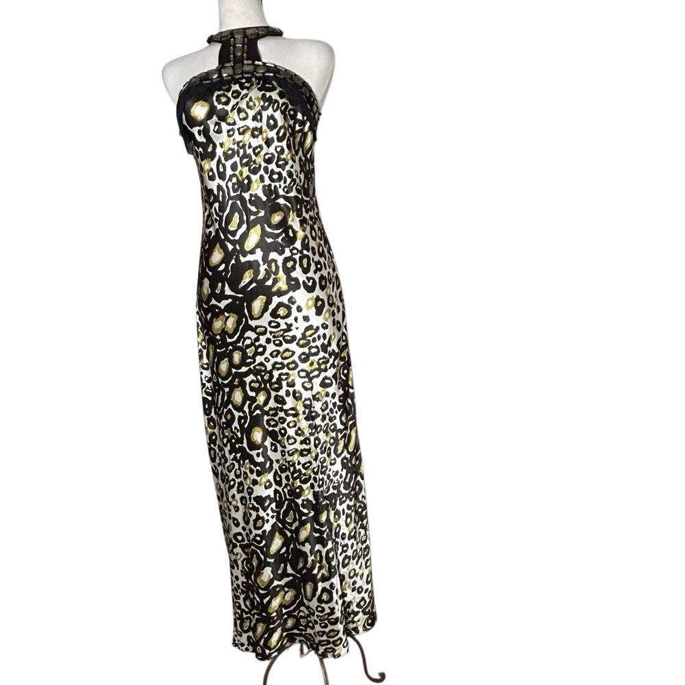 Marc Bouwer Leopard Silk Halter Dress Ivory Black Gold Maxi Jewel Neck Dress 8